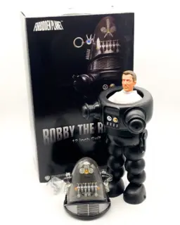 Robby The Robot 12 Inch Suit Figure – X-Plus Japan MIB
---------
rare, contenu TBE boite ouverte.
accessoires toujours sous cellophane non exposé.
fonctions son et lumières testées OK.

Le mannequin (de type Gi joe) a des traces de décoloration sur les avant-bras.

le packaging est un peu abimé par endroit

Forbidden Planet Robby the Robot 12-Inch Figure:

  Features lights and sound effects from the movie.
 Very detailed, with plenty of articulation.

A true must-have for any admirer of the unforgettable sci-fi movie Forbidden Planet, Robby the Robot stands 12-inches tall and is made of plastic. Robby also includes lights and sounds from the movie, just as you remember! His hood, ear, pants, pistons, antenna, head, and mouth are made of injection plastic. He’s articulated at the head, and his wrists and arms can turn.

#fabuleusecaverne #actionfigures #robbytherobot #xplusゴジラ