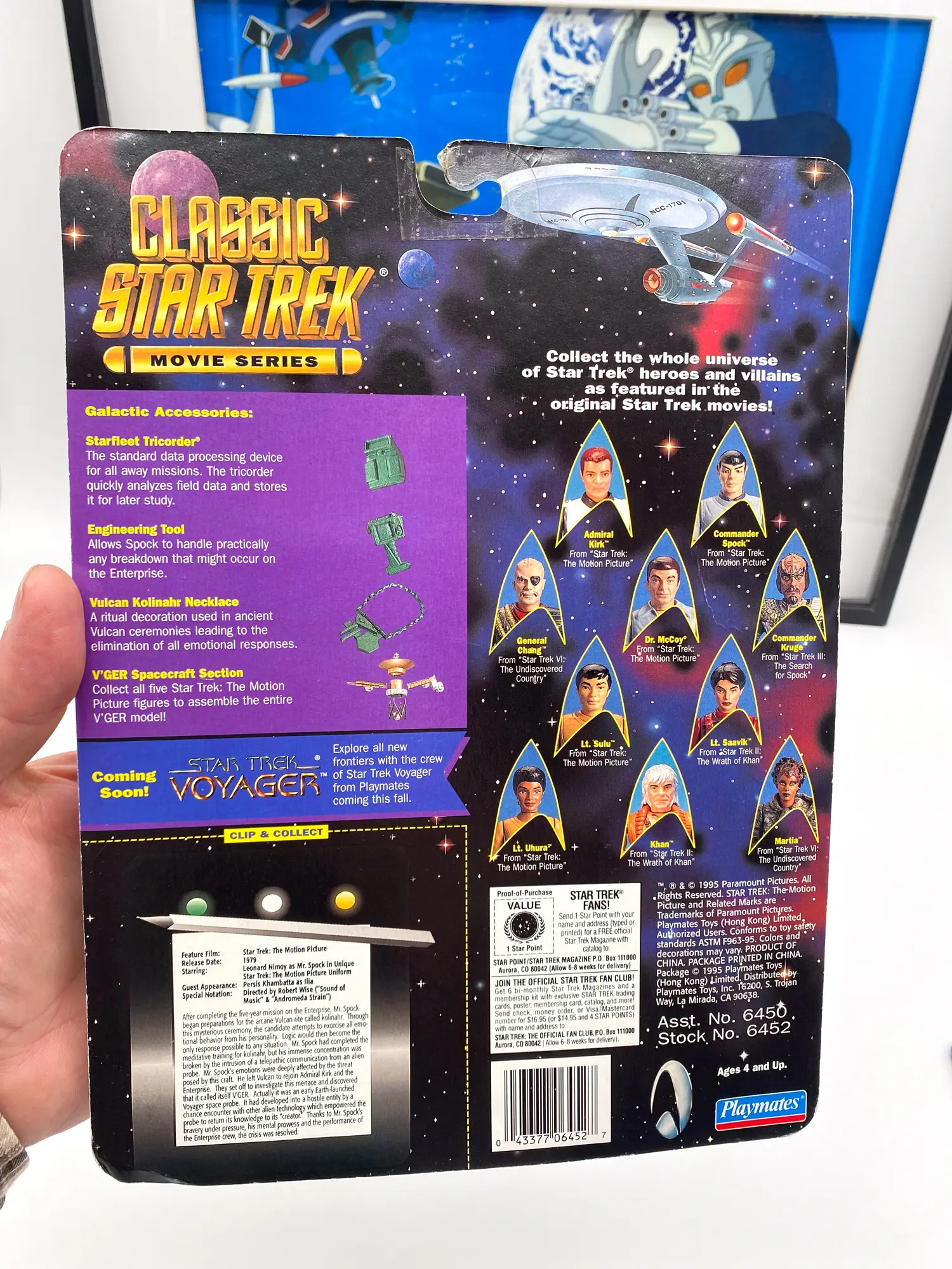 Dos du packaging de Commander Spock Playmates 6452, accessoires et mentions de 1995
