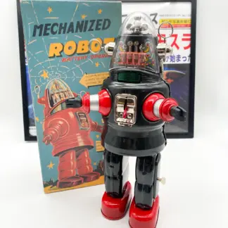 Robby Mechanized Robot noir et rouge présenté en pied avec sa boîte d’origine